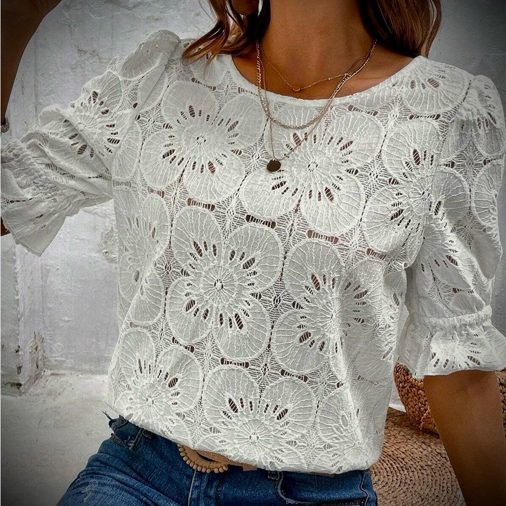 (#113) Women's Flower Eyelet Jacquard Keyhole Top